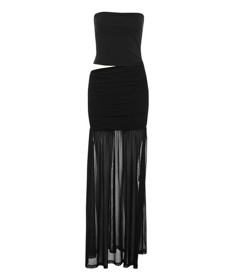 Sultry Black Strapless Ruched Mesh Maxi Dress | Curve-Hugging & Sheer for Fall Evenings