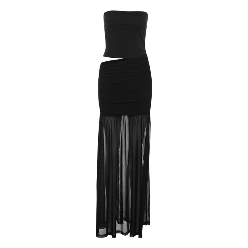 Sultry Black Strapless Ruched Mesh Maxi Dress | Curve-Hugging & Sheer for Fall Evenings