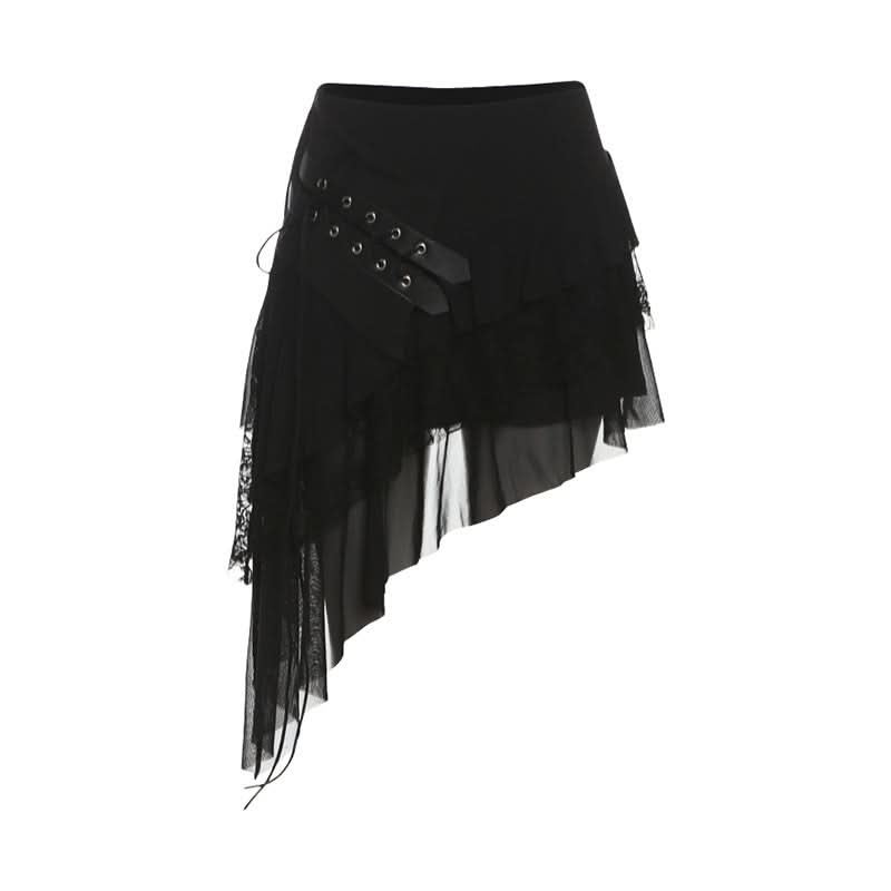 Edgy Asymmetrical Mesh Ruffle Mini Skirt with Buckles - Your Ultimate Fall & Halloween Statement
