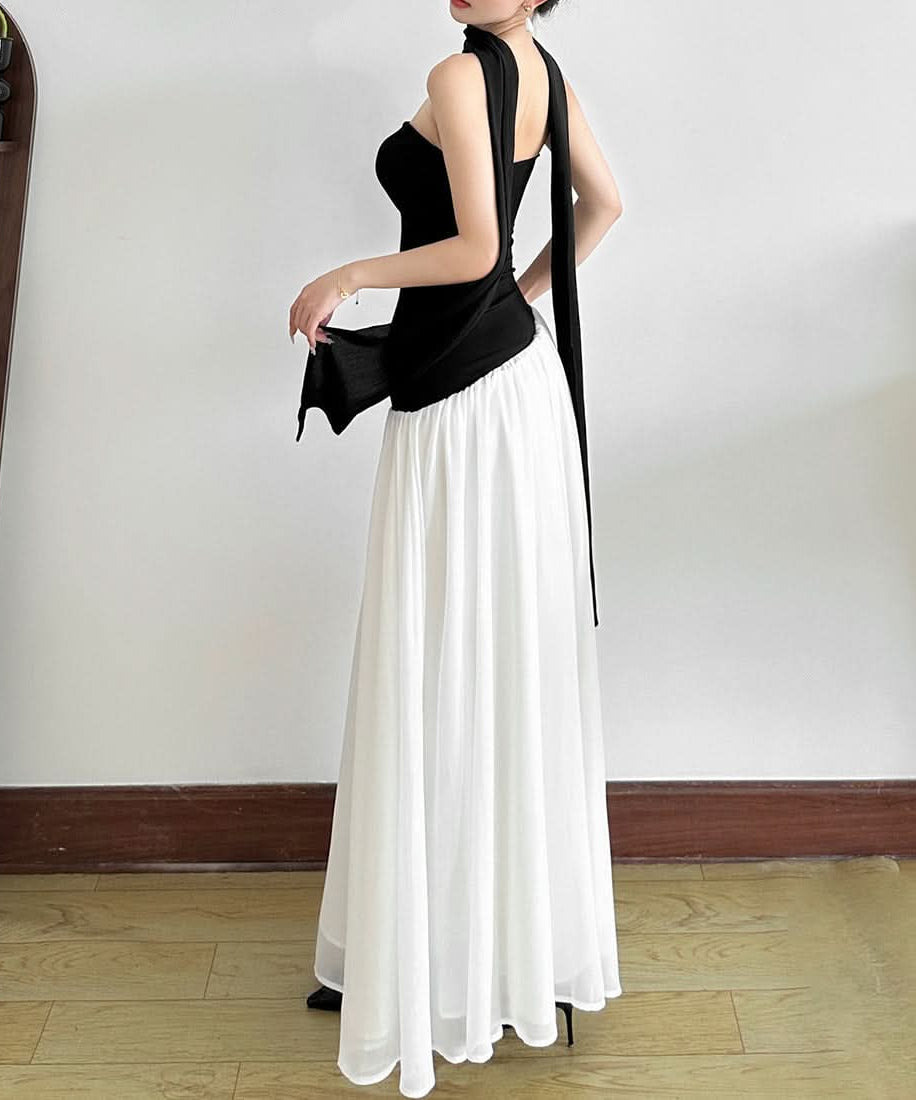 Effortless Elegance: The 'Ophelia' Asymmetric Black & White Maxi Dress – Strapless Gown with Draped Accents for Fall & Holiday Events