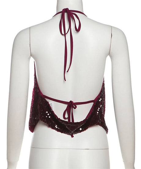 Dazzling Burgundy Sequin Halter Top | Glam Cowl Neck for Holiday & NYE Parties