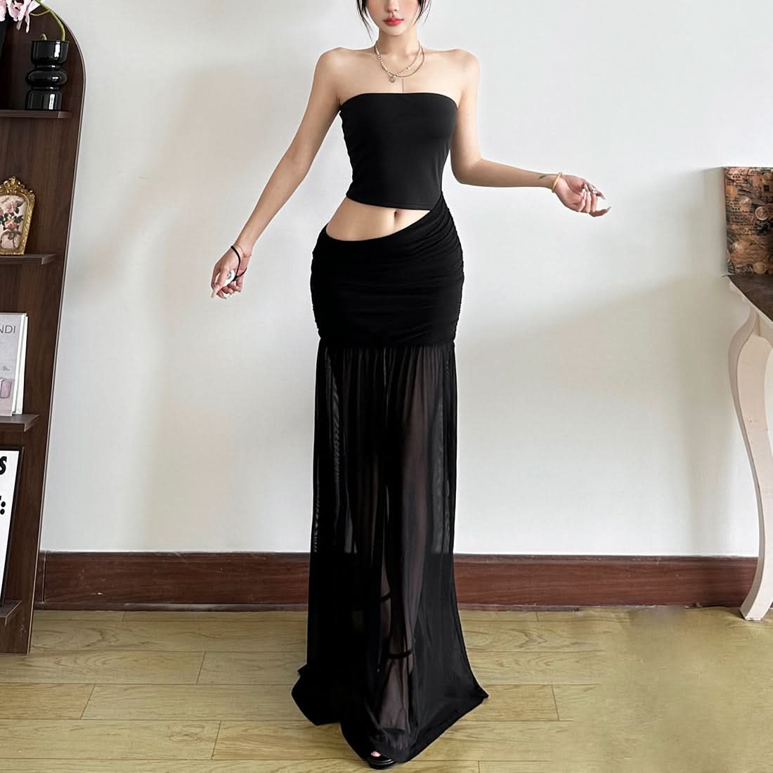 Sultry Black Strapless Ruched Mesh Maxi Dress | Curve-Hugging & Sheer for Fall Evenings