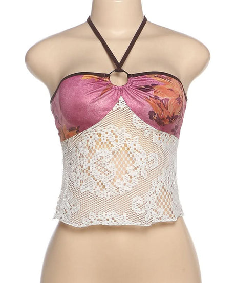 Autumn Bloom Halter Top: O-Ring Ruched Bust & Delicate Lace for Fall Nights