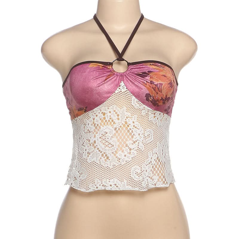 Autumn Bloom Halter Top: O-Ring Ruched Bust & Delicate Lace for Fall Nights