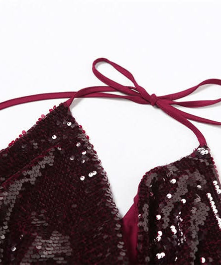 Dazzling Burgundy Sequin Halter Top | Glam Cowl Neck for Holiday & NYE Parties