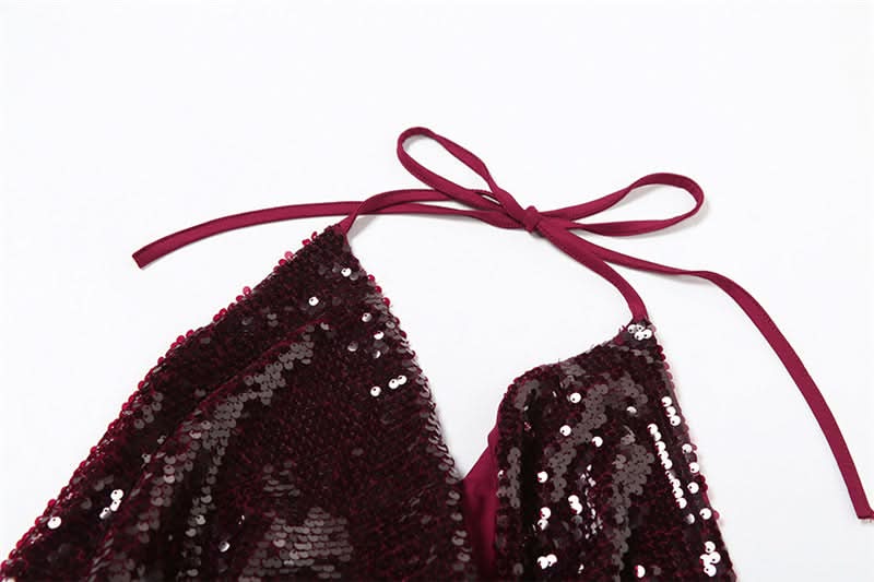 Dazzling Burgundy Sequin Halter Top | Glam Cowl Neck for Holiday & NYE Parties