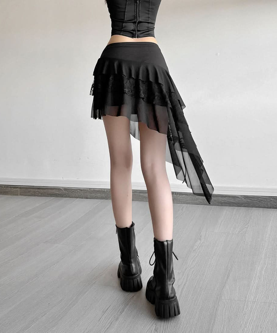 Edgy Asymmetrical Mesh Ruffle Mini Skirt with Buckles - Your Ultimate Fall & Halloween Statement