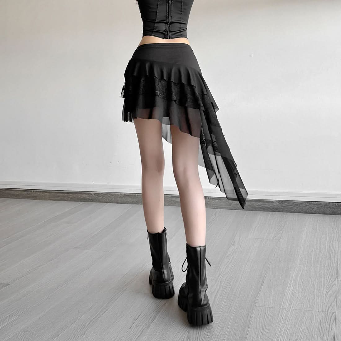 Edgy Asymmetrical Mesh Ruffle Mini Skirt with Buckles - Your Ultimate Fall & Halloween Statement