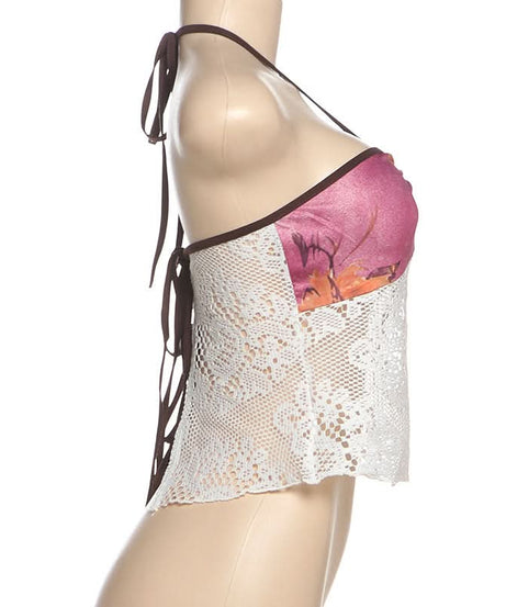 Autumn Bloom Halter Top: O-Ring Ruched Bust & Delicate Lace for Fall Nights