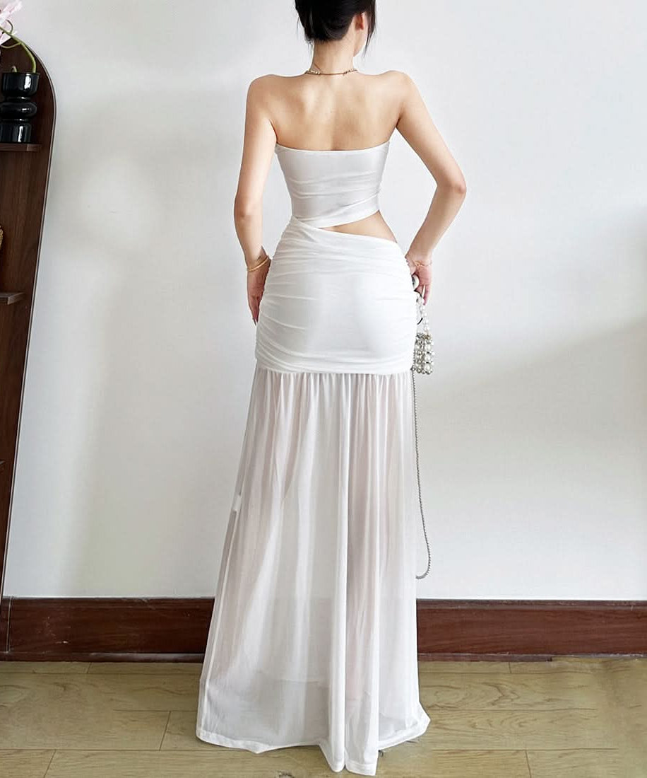 Sultry Black Strapless Ruched Mesh Maxi Dress | Curve-Hugging & Sheer for Fall Evenings