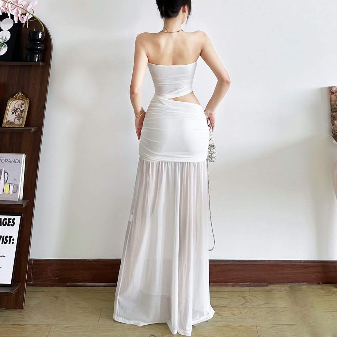 Sultry Black Strapless Ruched Mesh Maxi Dress | Curve-Hugging & Sheer for Fall Evenings