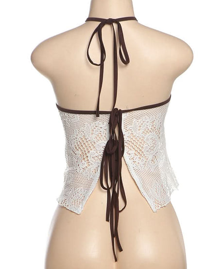 Autumn Bloom Halter Top: O-Ring Ruched Bust & Delicate Lace for Fall Nights