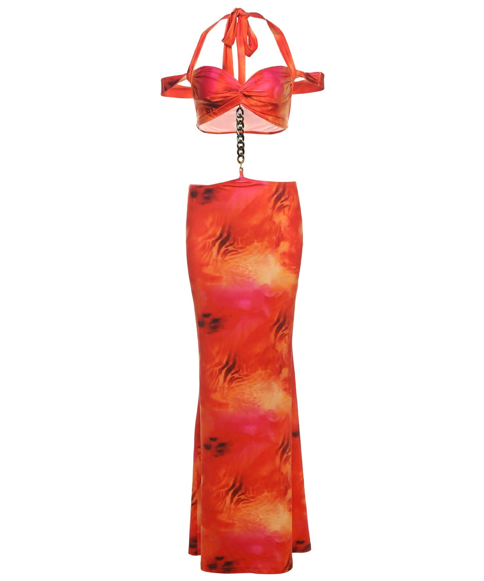 Ignite Your Style: "Fiery Sunset" Halter Crop Top & Maxi Skirt Set with Chain Detail - Bold Resort & Fall Party Wear