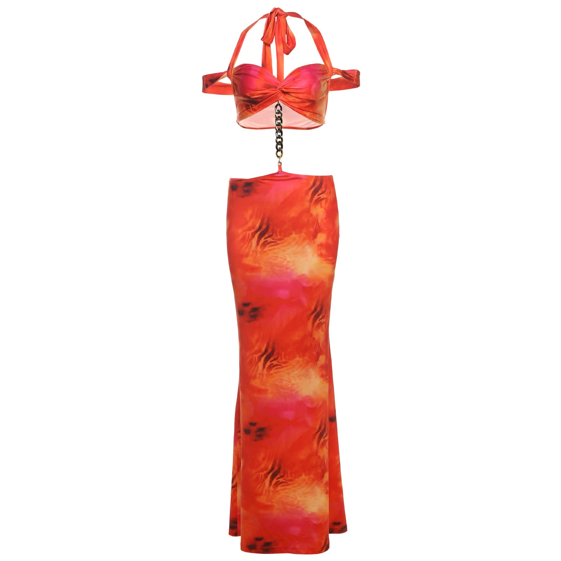Ignite Your Style: "Fiery Sunset" Halter Crop Top & Maxi Skirt Set with Chain Detail - Bold Resort & Fall Party Wear