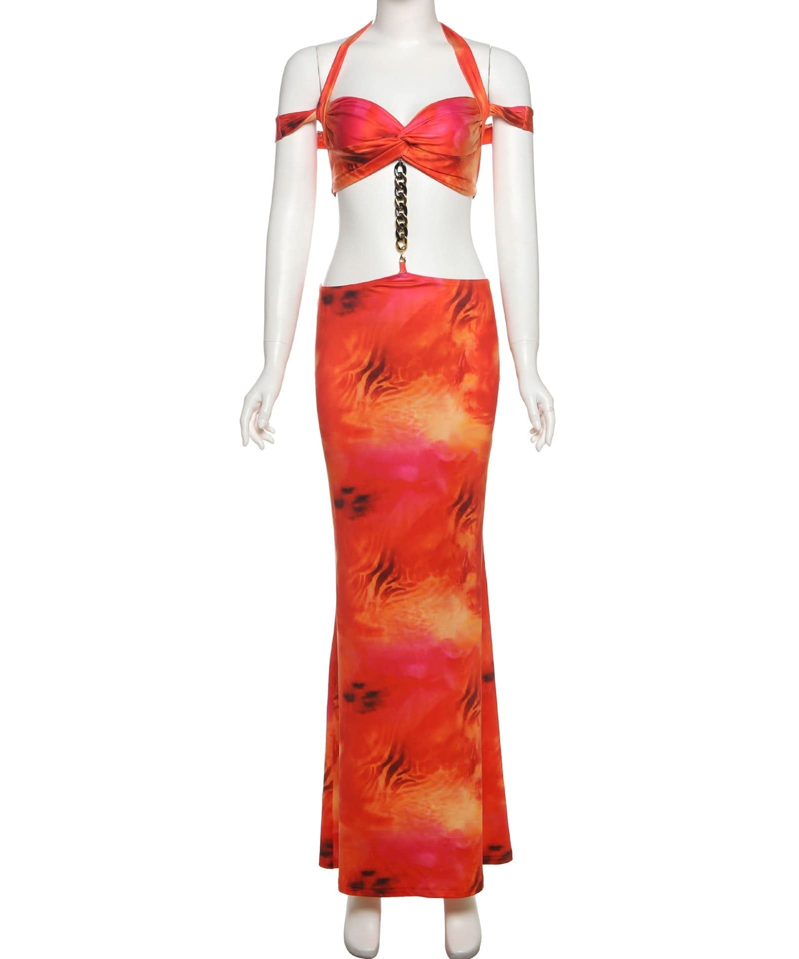 Ignite Your Style: "Fiery Sunset" Halter Crop Top & Maxi Skirt Set with Chain Detail - Bold Resort & Fall Party Wear