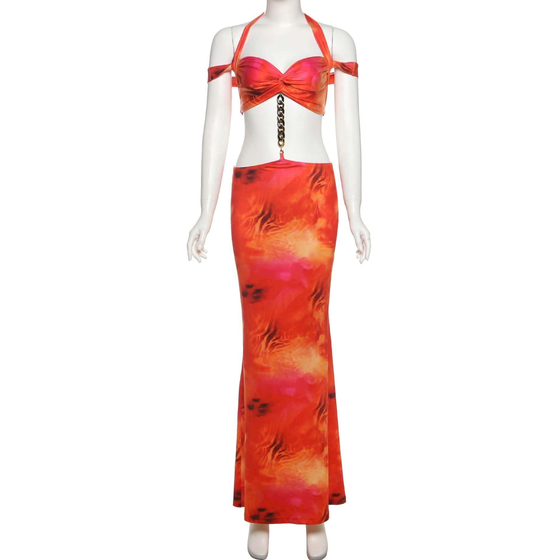 Ignite Your Style: "Fiery Sunset" Halter Crop Top & Maxi Skirt Set with Chain Detail - Bold Resort & Fall Party Wear