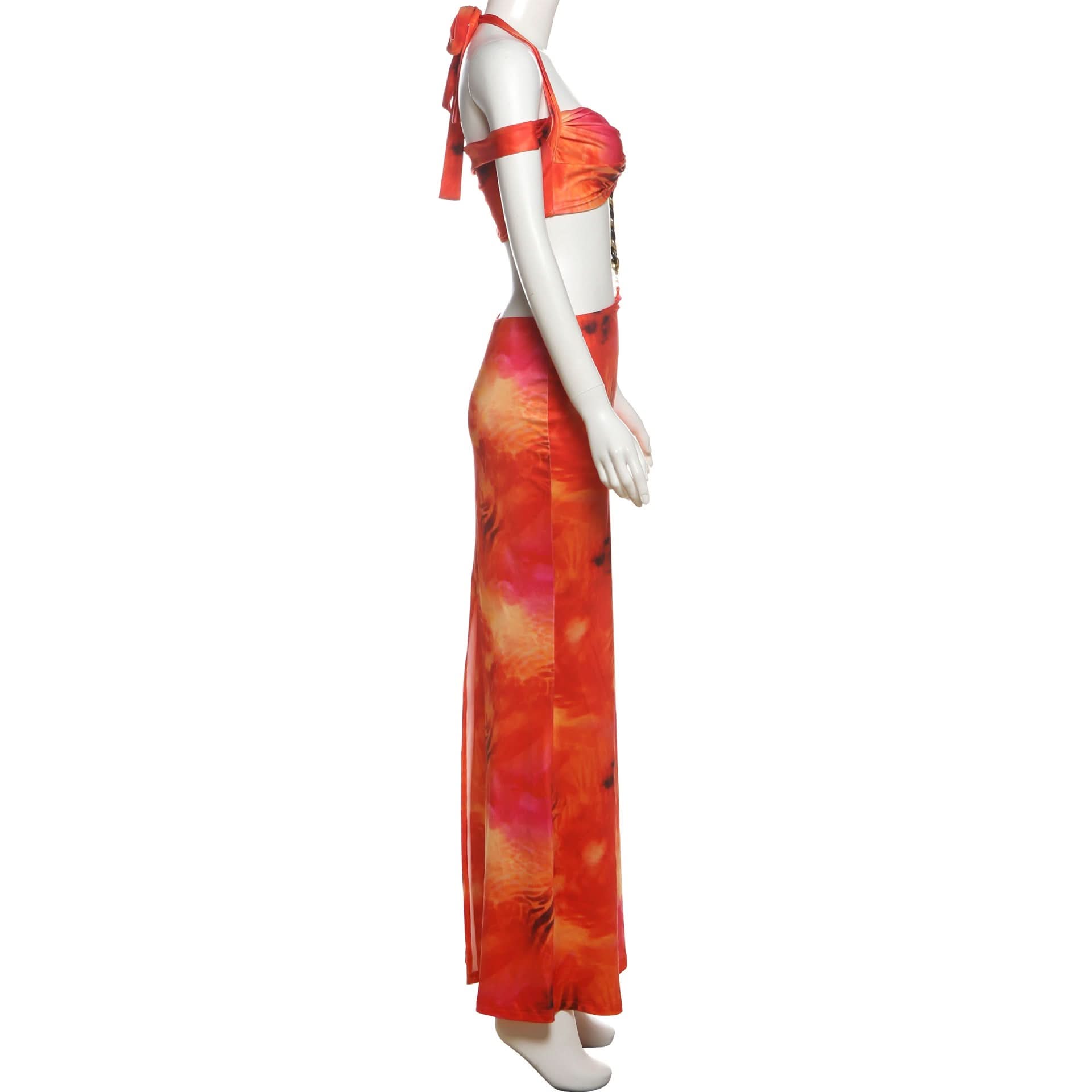 Ignite Your Style: "Fiery Sunset" Halter Crop Top & Maxi Skirt Set with Chain Detail - Bold Resort & Fall Party Wear