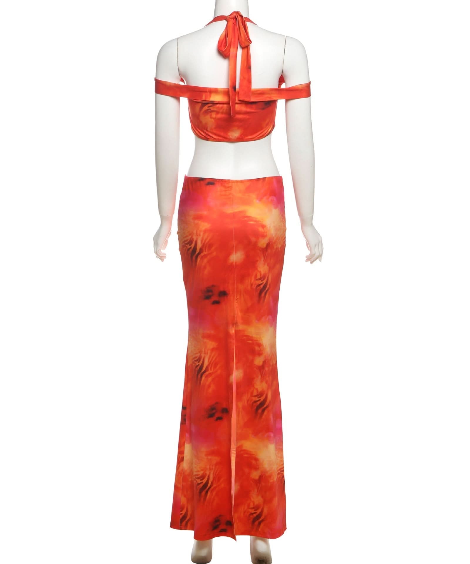 Ignite Your Style: "Fiery Sunset" Halter Crop Top & Maxi Skirt Set with Chain Detail - Bold Resort & Fall Party Wear