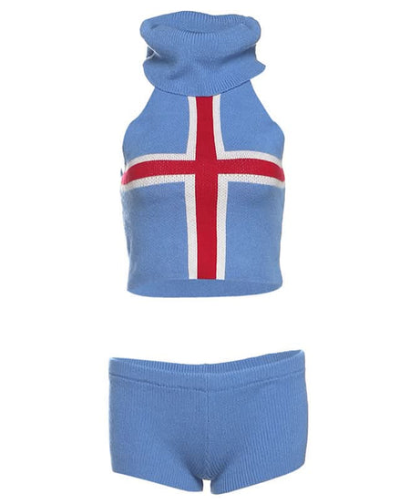 Cozy Fall Chic: Icelandic Flag Knit Halter Crop Top & Shorts Loungewear Set