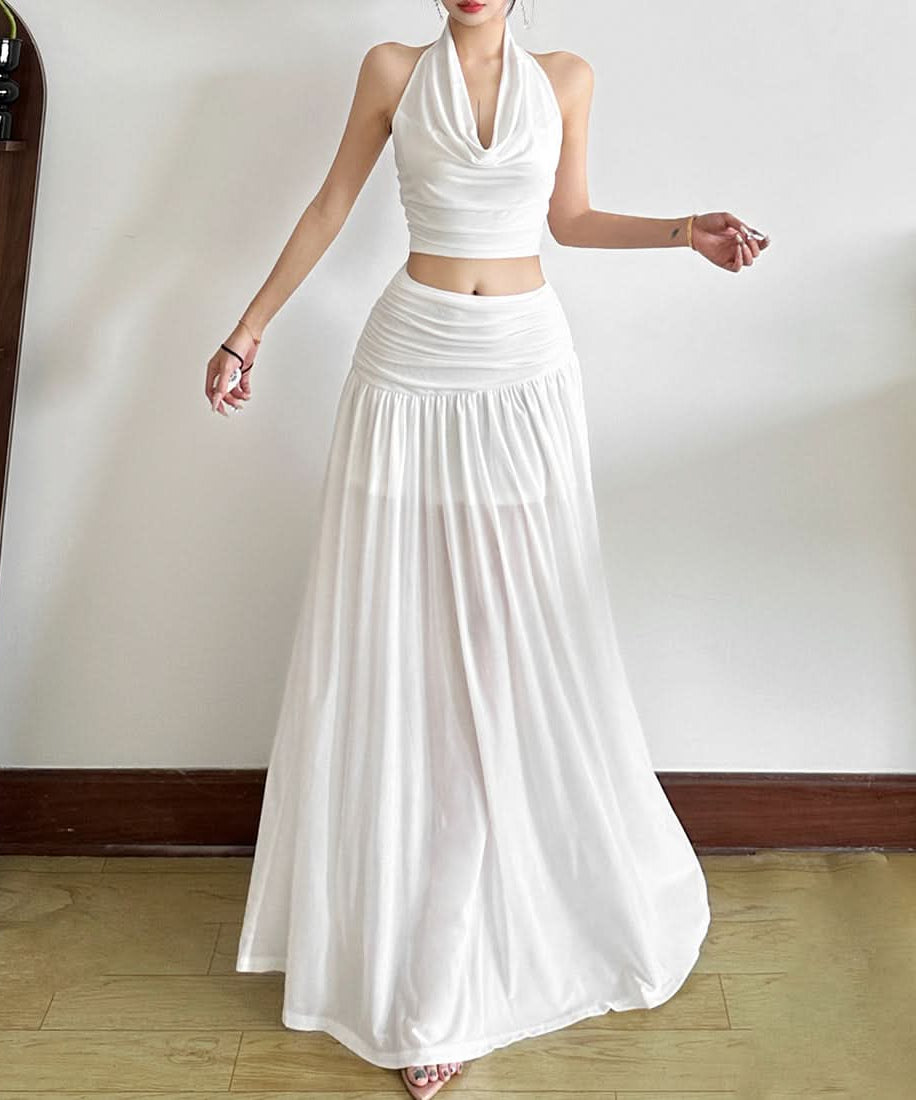 White Halter Crop Top & Flowy Maxi Skirt Set - Chic Resort Wear for Winter Escapes