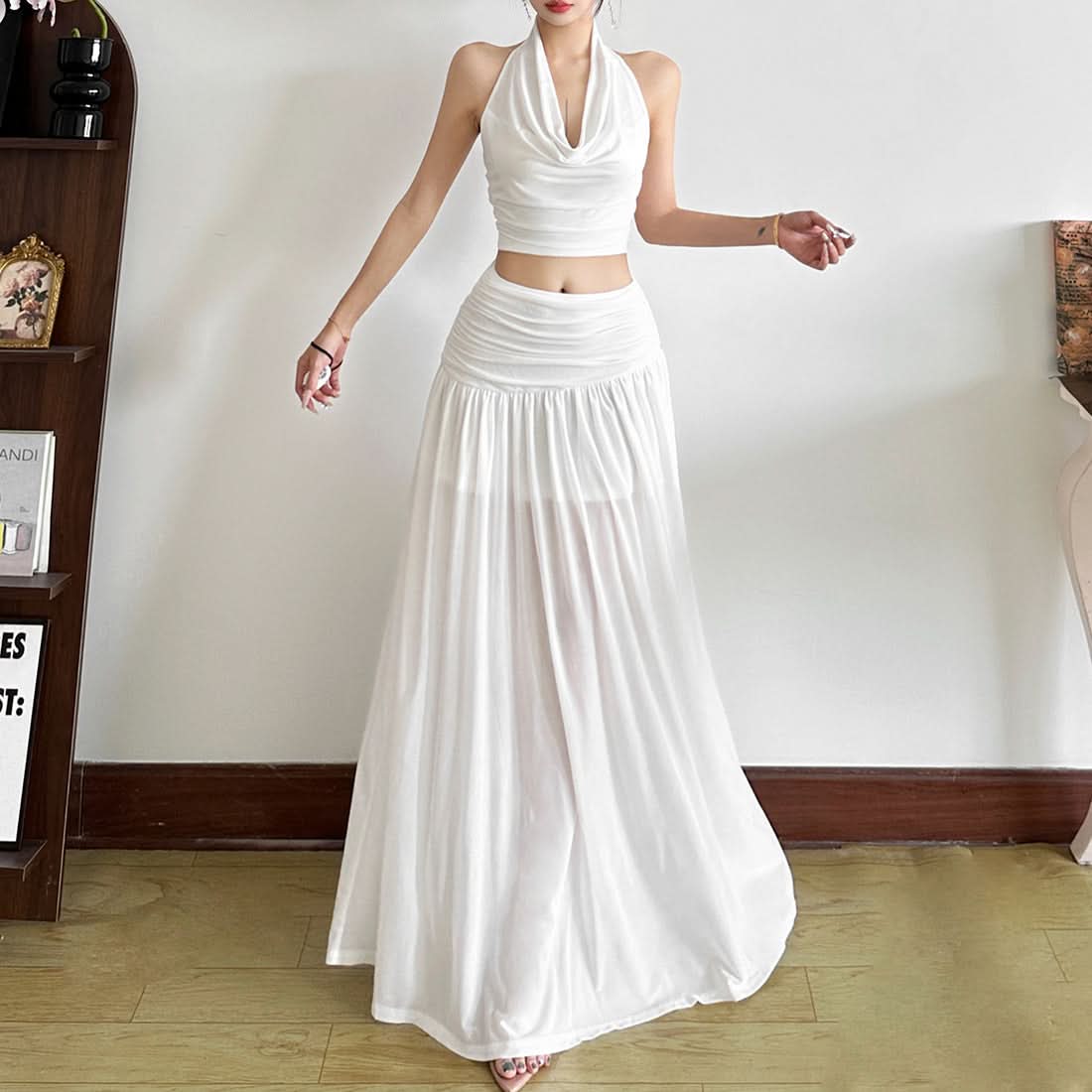 White Halter Crop Top & Flowy Maxi Skirt Set - Chic Resort Wear for Winter Escapes