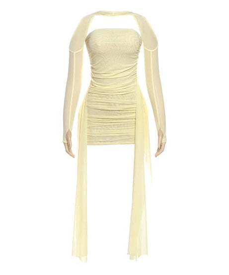 Goddess Chic: Ruched Bodycon Mini Dress with Detached Mesh Sleeves & Ethereal Drapes – Your Fall Party Essential