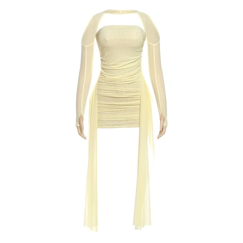 Goddess Chic: Ruched Bodycon Mini Dress with Detached Mesh Sleeves & Ethereal Drapes – Your Fall Party Essential