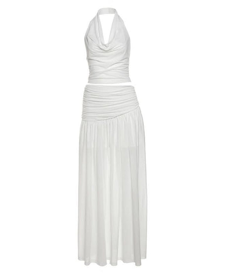 White Halter Crop Top & Flowy Maxi Skirt Set - Chic Resort Wear for Winter Escapes