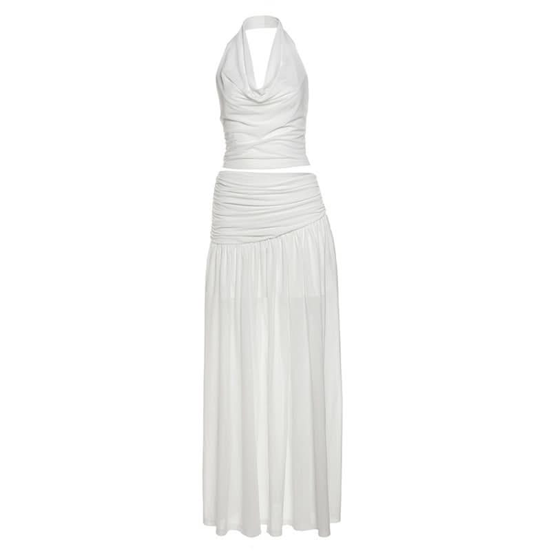 White Halter Crop Top & Flowy Maxi Skirt Set - Chic Resort Wear for Winter Escapes