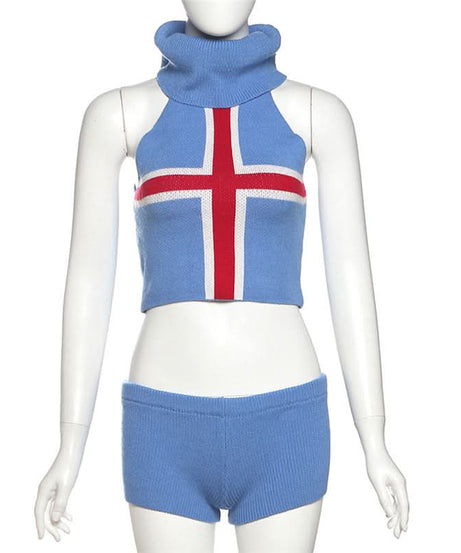 Cozy Fall Chic: Icelandic Flag Knit Halter Crop Top & Shorts Loungewear Set