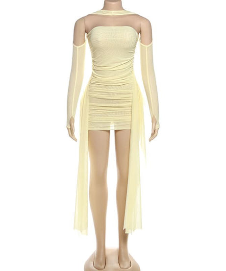 Goddess Chic: Ruched Bodycon Mini Dress with Detached Mesh Sleeves & Ethereal Drapes – Your Fall Party Essential