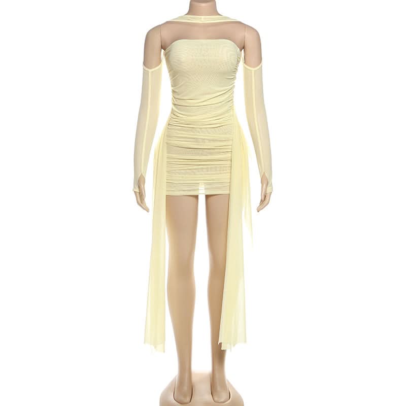 Goddess Chic: Ruched Bodycon Mini Dress with Detached Mesh Sleeves & Ethereal Drapes – Your Fall Party Essential