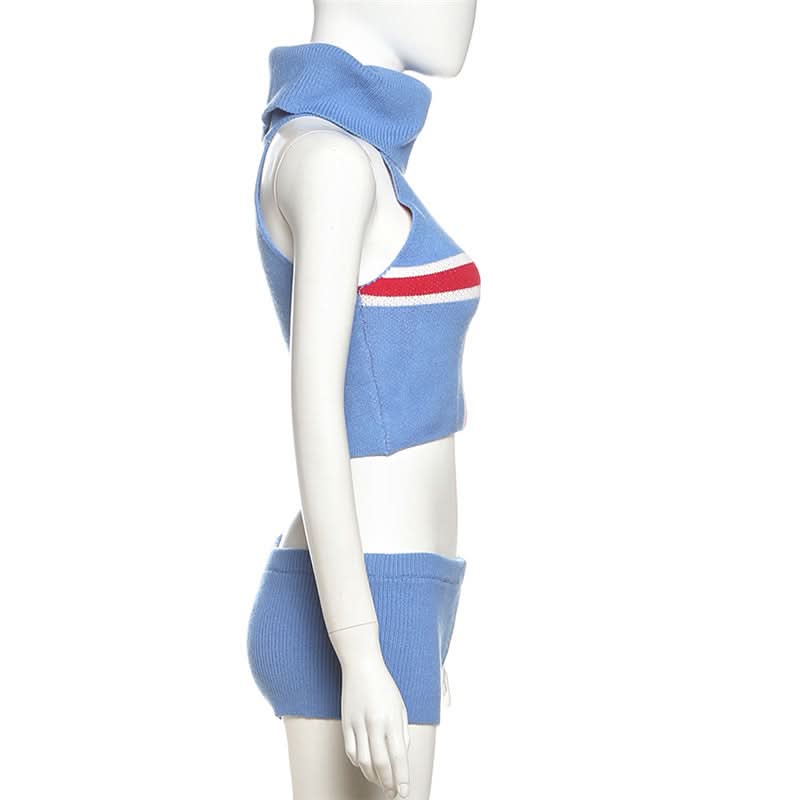 Cozy Fall Chic: Icelandic Flag Knit Halter Crop Top & Shorts Loungewear Set