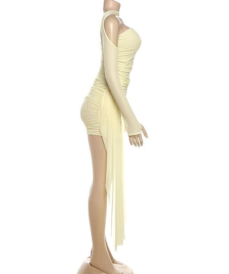 Goddess Chic: Ruched Bodycon Mini Dress with Detached Mesh Sleeves & Ethereal Drapes – Your Fall Party Essential