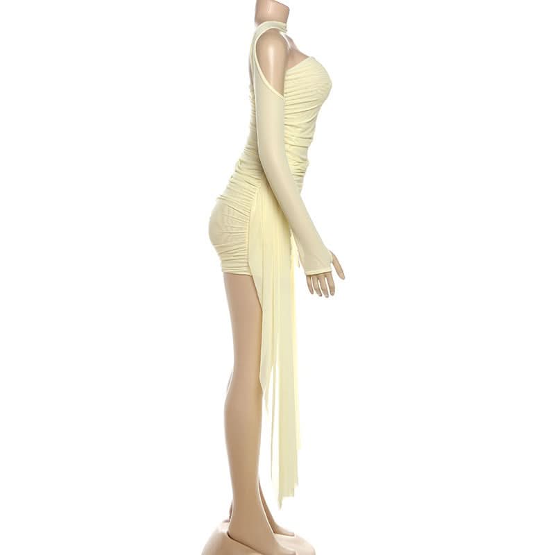 Goddess Chic: Ruched Bodycon Mini Dress with Detached Mesh Sleeves & Ethereal Drapes – Your Fall Party Essential