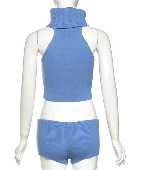 Cozy Fall Chic: Icelandic Flag Knit Halter Crop Top & Shorts Loungewear Set