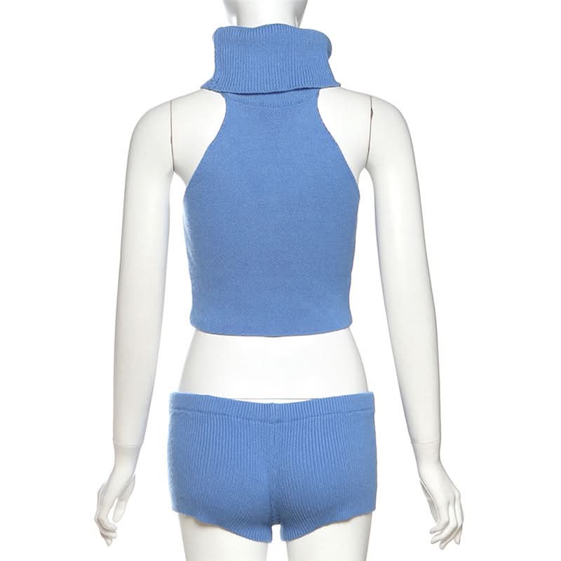 Cozy Fall Chic: Icelandic Flag Knit Halter Crop Top & Shorts Loungewear Set
