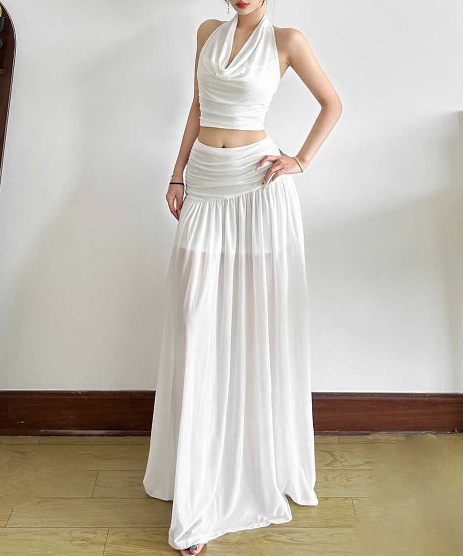 White Halter Crop Top & Flowy Maxi Skirt Set - Chic Resort Wear for Winter Escapes