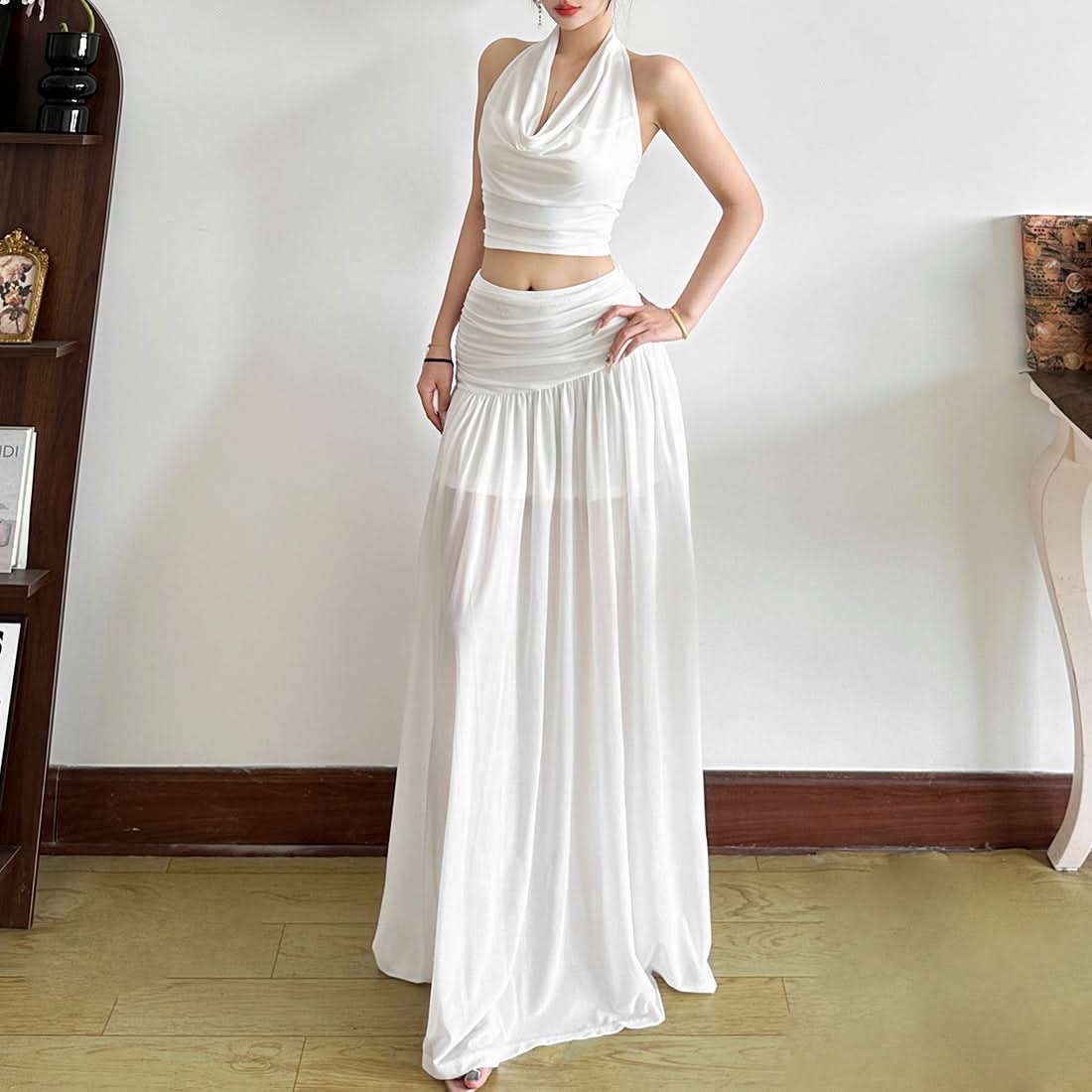 White Halter Crop Top & Flowy Maxi Skirt Set - Chic Resort Wear for Winter Escapes