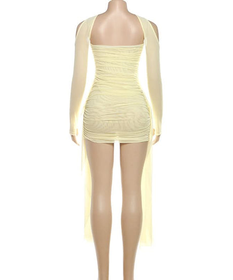 Goddess Chic: Ruched Bodycon Mini Dress with Detached Mesh Sleeves & Ethereal Drapes – Your Fall Party Essential