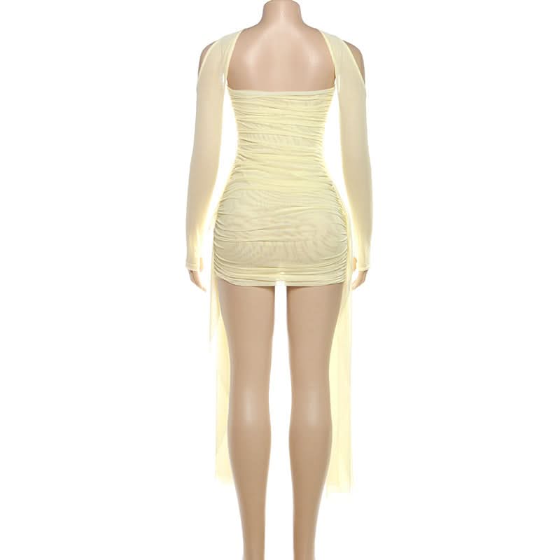 Goddess Chic: Ruched Bodycon Mini Dress with Detached Mesh Sleeves & Ethereal Drapes – Your Fall Party Essential