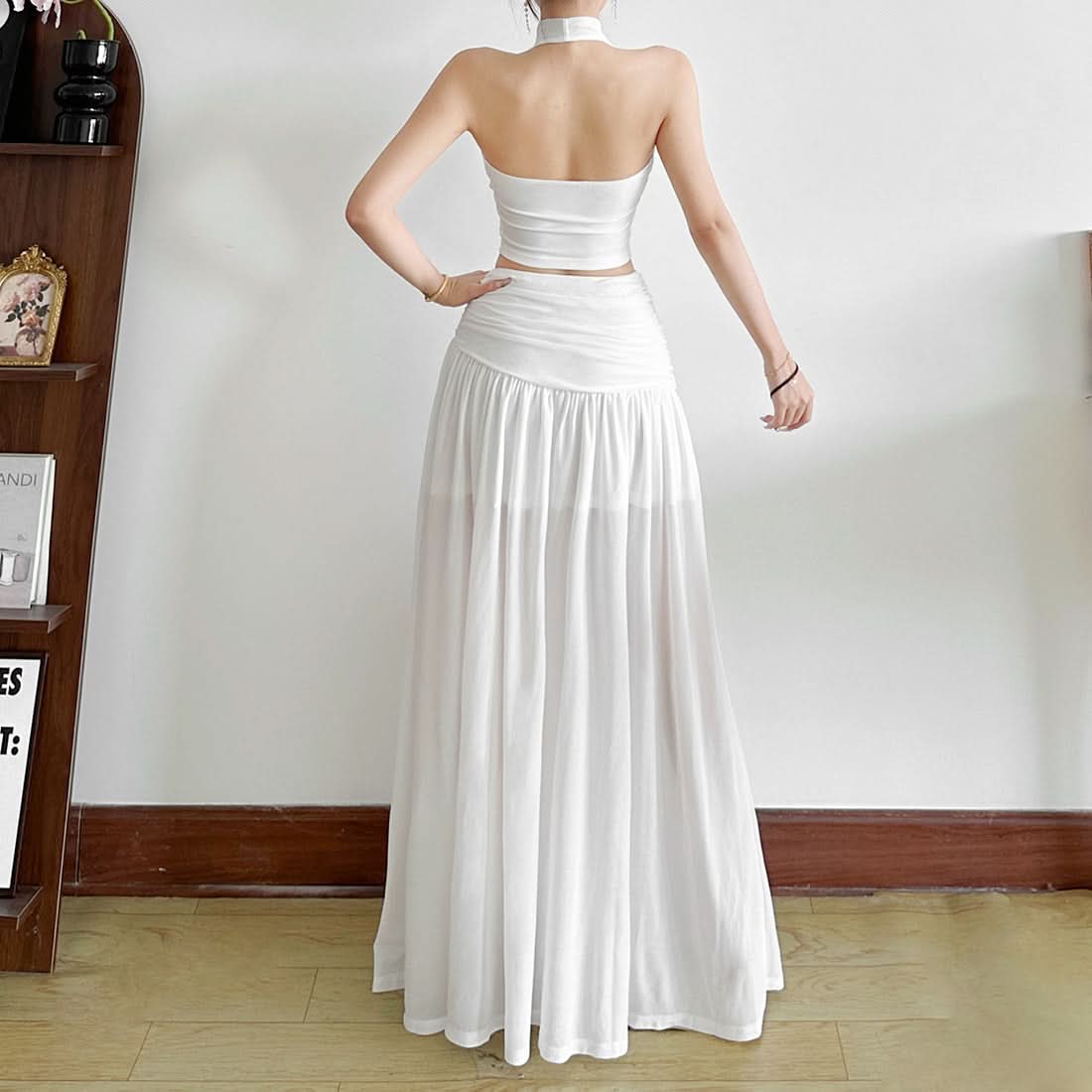 White Halter Crop Top & Flowy Maxi Skirt Set - Chic Resort Wear for Winter Escapes