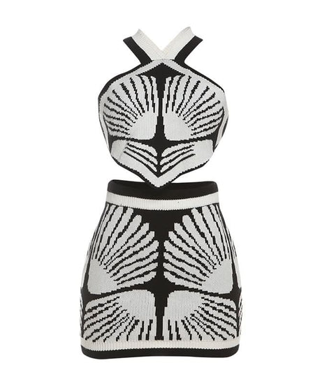 Art Deco Knit Halter Crop Top & Mini Skirt Set - Fall Party & Holiday Glam