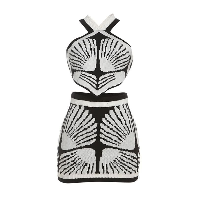 Art Deco Knit Halter Crop Top & Mini Skirt Set - Fall Party & Holiday Glam
