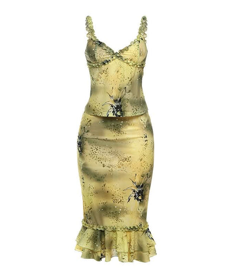 Autumn Bloom Ruffle Cami & Midi Skirt Set - Chic Y2K-Inspired Fall Co-ord Outfit
