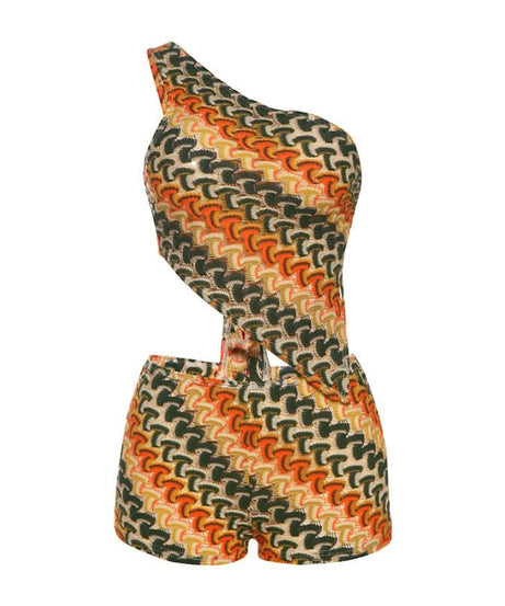 Retro Zig-Zag Knit One-Shoulder Cut-Out Shorts Set – Your Chic Fall Getaway Essential!