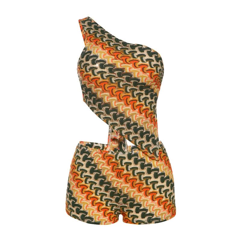 Retro Zig-Zag Knit One-Shoulder Cut-Out Shorts Set – Your Chic Fall Getaway Essential!