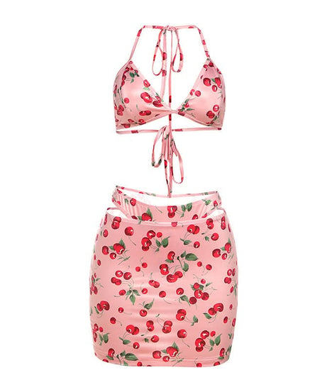 Sweet Cherry Halter Bikini & Cutout Skirt Set – Your Ultimate Vacation & Resort Look!