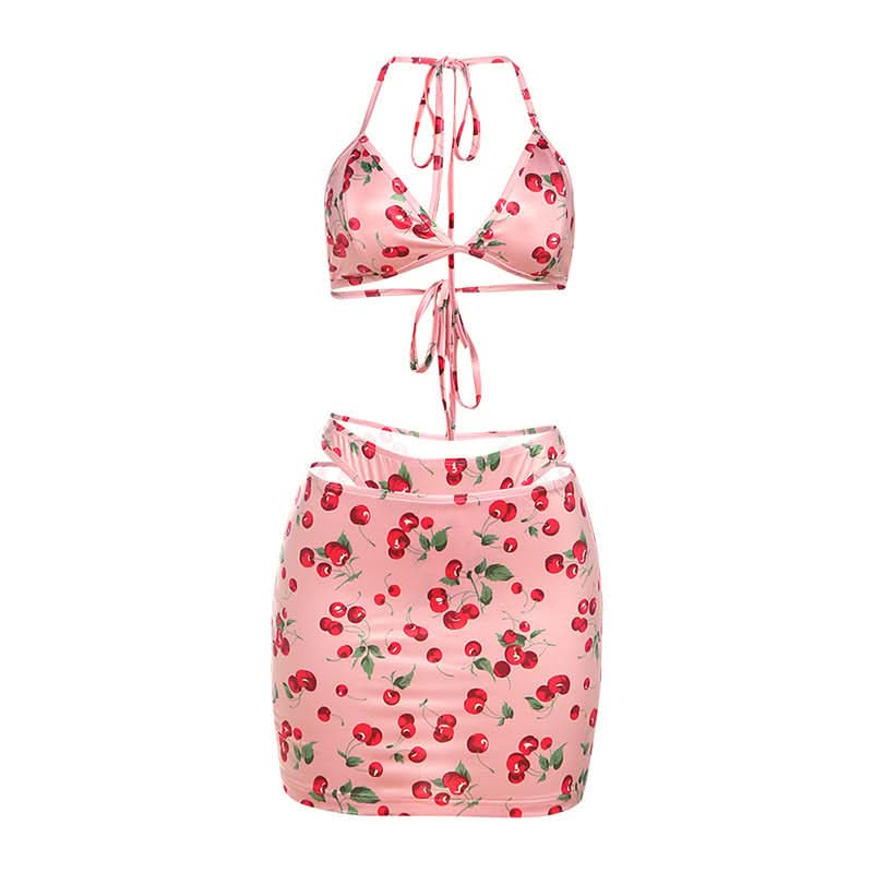 Sweet Cherry Halter Bikini & Cutout Skirt Set – Your Ultimate Vacation & Resort Look!