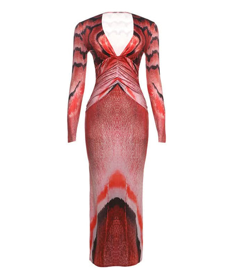 Fiery Abstract Print Long Sleeve Ruched Maxi Dress - Fall & Holiday Statement